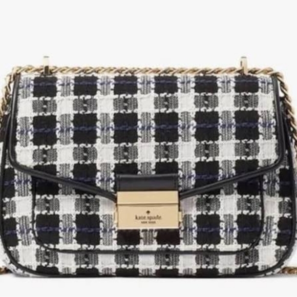 NWT Kate Spade Black, White, Blue Carey Checked Tweed Medium Shoulder Bag Chain - Picture 2 of 15